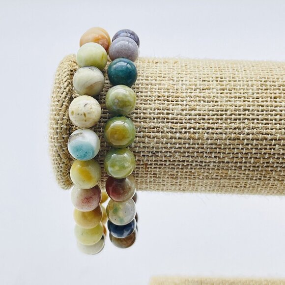 Stretch Stone Bead Bracelets Lot of 2 Natural Round Multicolor - Picture 1 of 11